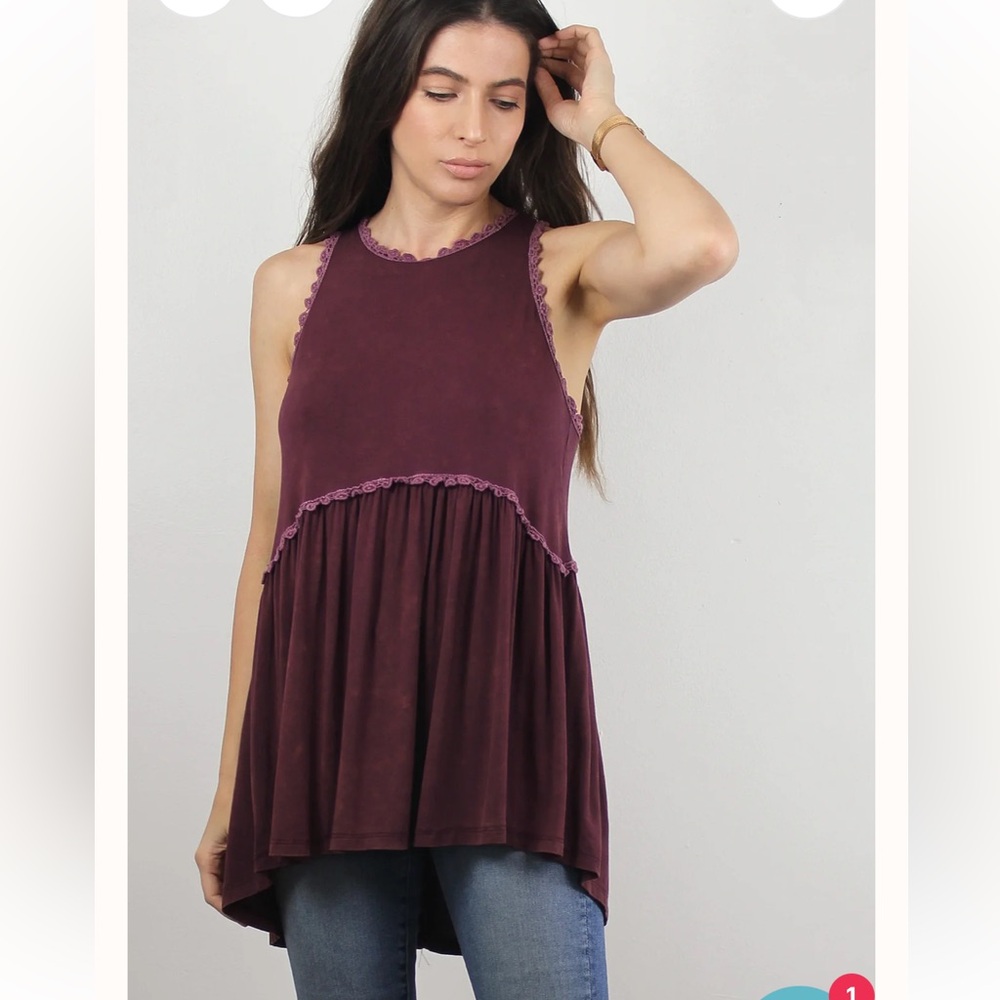 POL Plum Sleeveless Tank with Lace Trim